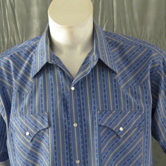 Vintage Western Short Sleeve Shirt - Blue and Yellow Stripes by Ely - Men's XL - Picture 2 of 10